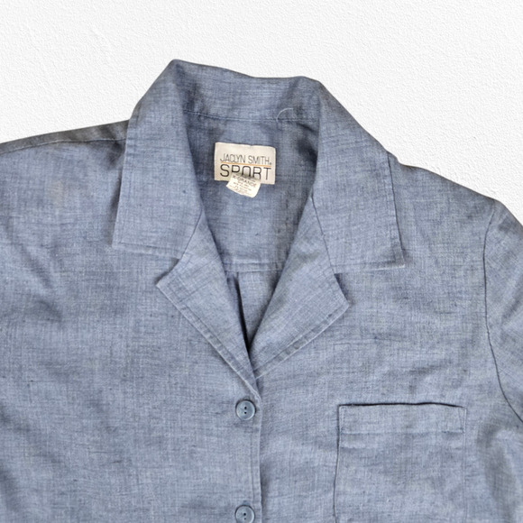 90s Vintage Blue Chambray Linen Blend Short Sleeve Button Down Shirt Size XL - Picture 2 of 6